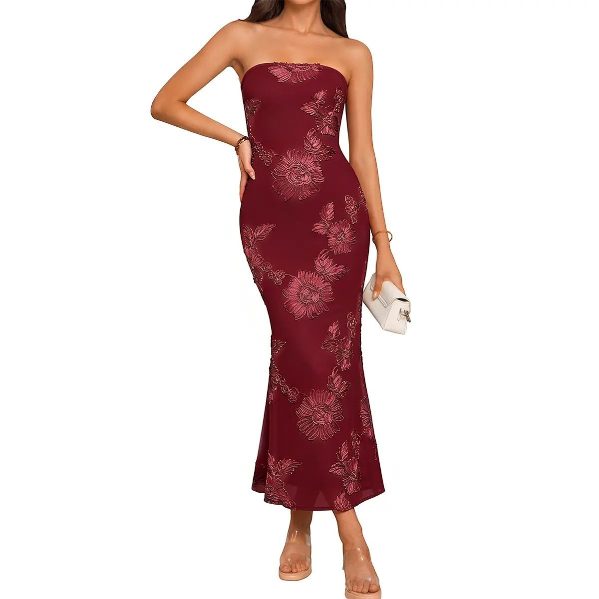 OYS Women'S Summer Elegant Strapless Floral Bodycon Mesh Tube a Line Wedding Guest Cocktail Party Formal Dresses