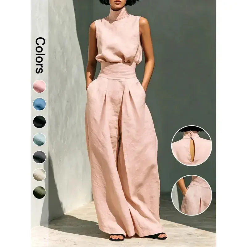 2-Piece Elegant Set Chic Mock Neck Halter Top & High-Waisted Wide-Leg Pants, Minimal High Neck Sleeveless Top, Retro Boho Ruffle Sleeveless Top and Pants Set, Solid Color Casual Suit, Trendy Old Money Aesthetic Outfit for Summer Vacation & Office