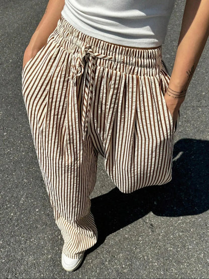 Women'S Striped Print Drawstring Waist Wide-Leg Pants, Womenswear Casual Pocket Woven Fabric Trousers for Summer, Women'S Bottoms for Daily Wear