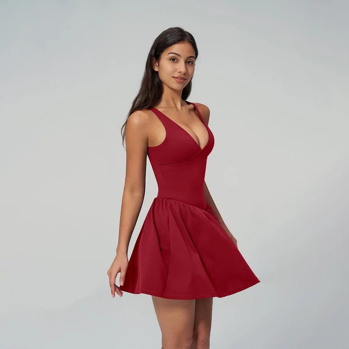 NVWA Women'S Summervibes Sexy V-Neck Strappy Sleeveless Athletic Cut Dress - Fitted Waist, Open-Back, Soft Stretch Nylon Fabric, Cooling Quick-Drying, Figure-Flattering for Casual Wear, Workouts, Dresses
