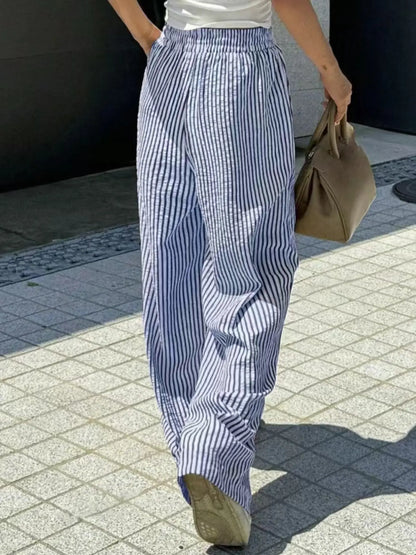 Women'S Striped Print Drawstring Waist Wide-Leg Pants, Womenswear Casual Pocket Woven Fabric Trousers for Summer, Women'S Bottoms for Daily Wear