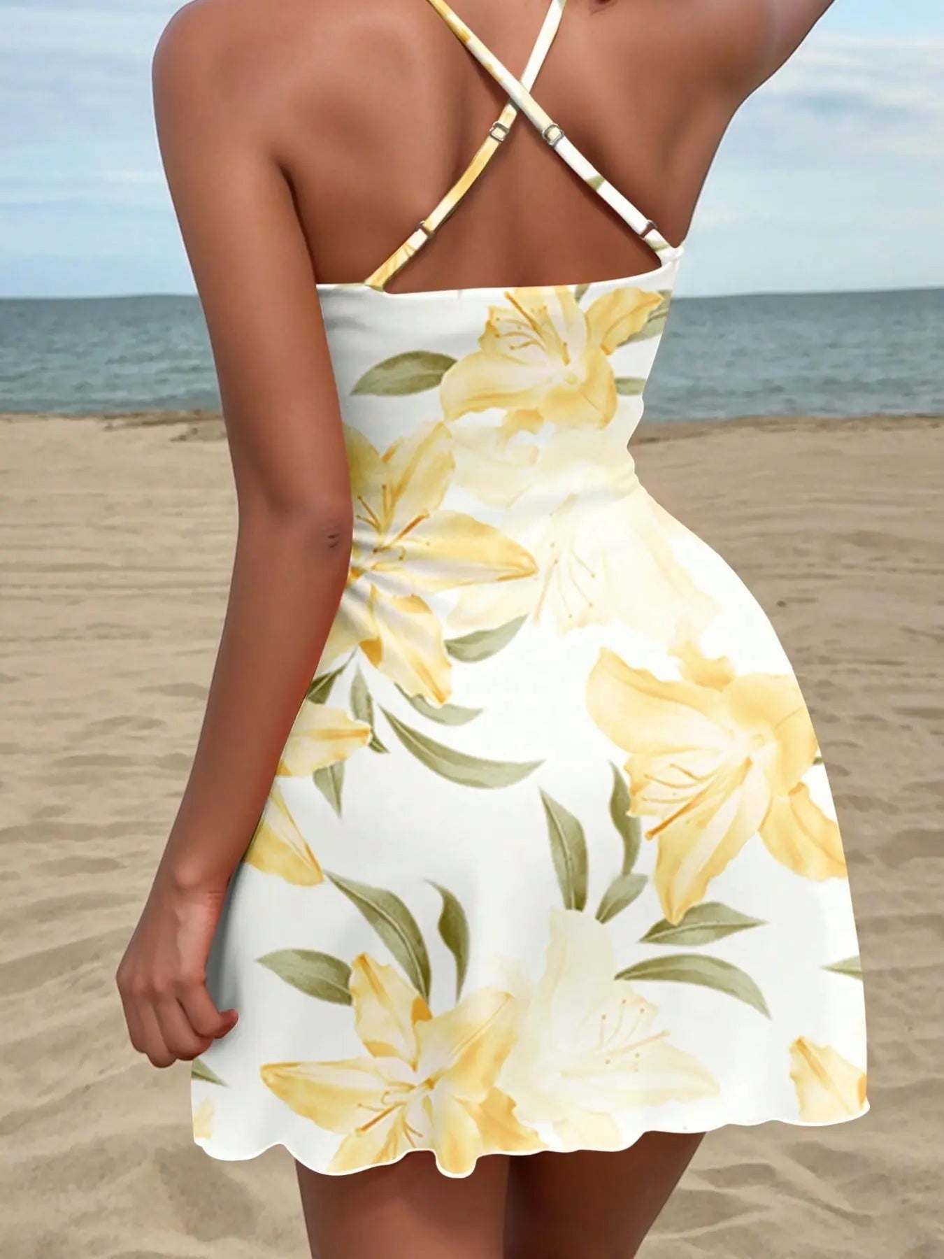 Women'S Floral Print Ruched Neck Sleeveless Spaghetti Strap Mini Dress, Casual Chic Dress, Casual Style for Vacation Beach Summer, Sun Dress Fashion, Casual Fashionable Dress