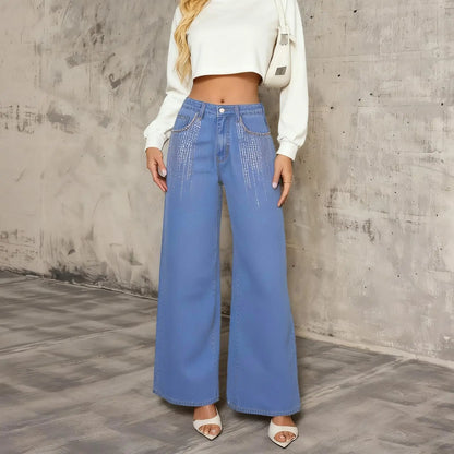 Flvsun Women'S High Waisted Washed Denim Pants - Lady Clothes, Loose Wide Leg, Rhinestone Bedazzled 2000S Streetwear Jeans, Casual Vintage Cold Wash Bottoms