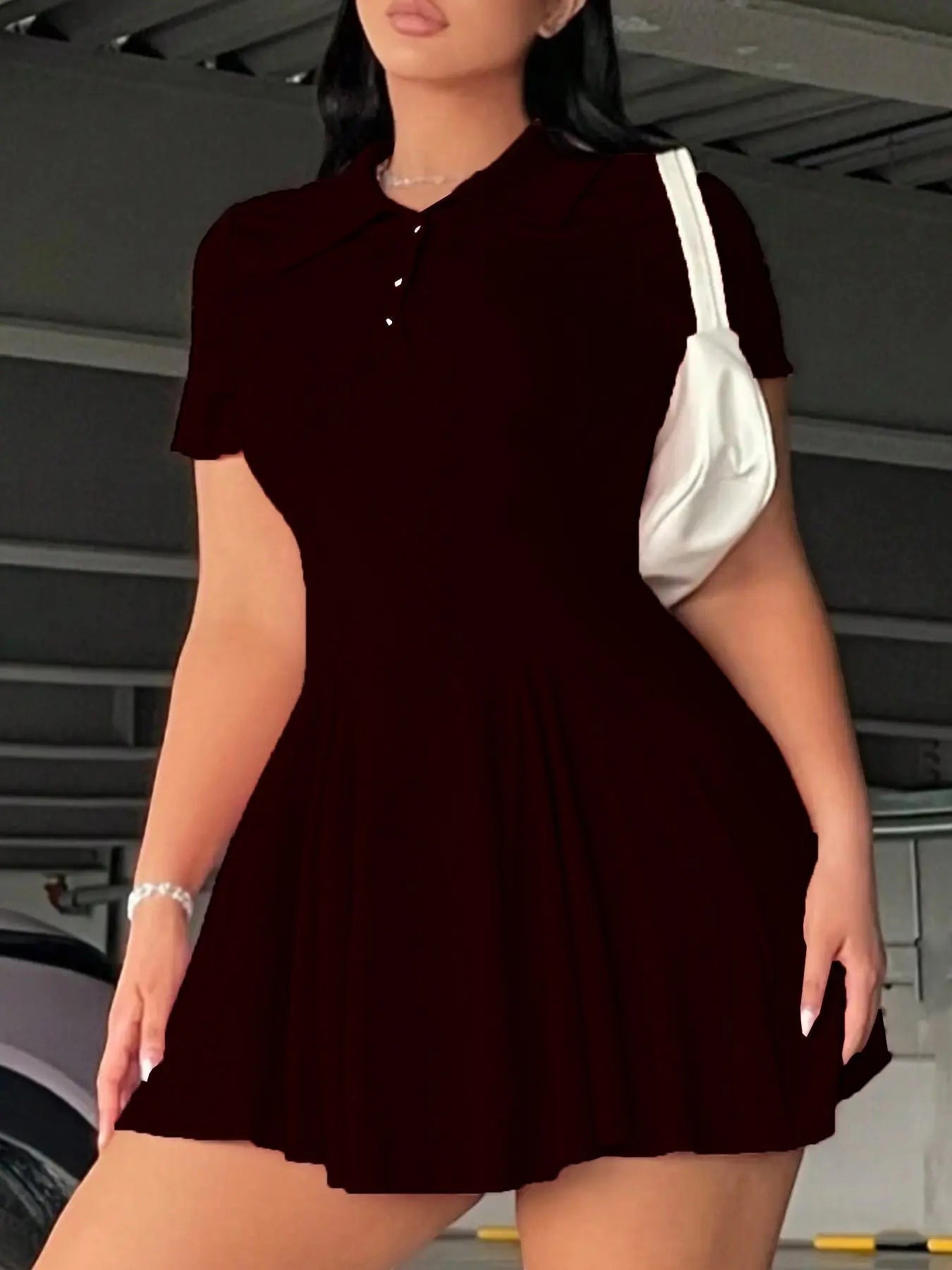 Plus-Size Casual Active Style Polo Collar Short Sleeve Flared Dress, Sporty Chic Dress, Athletic Tennis Dress, Stretchy Fabric & Button Front Detail, Perfect for Tennis, Golf & Daily Wear, Tennis Sports Dress