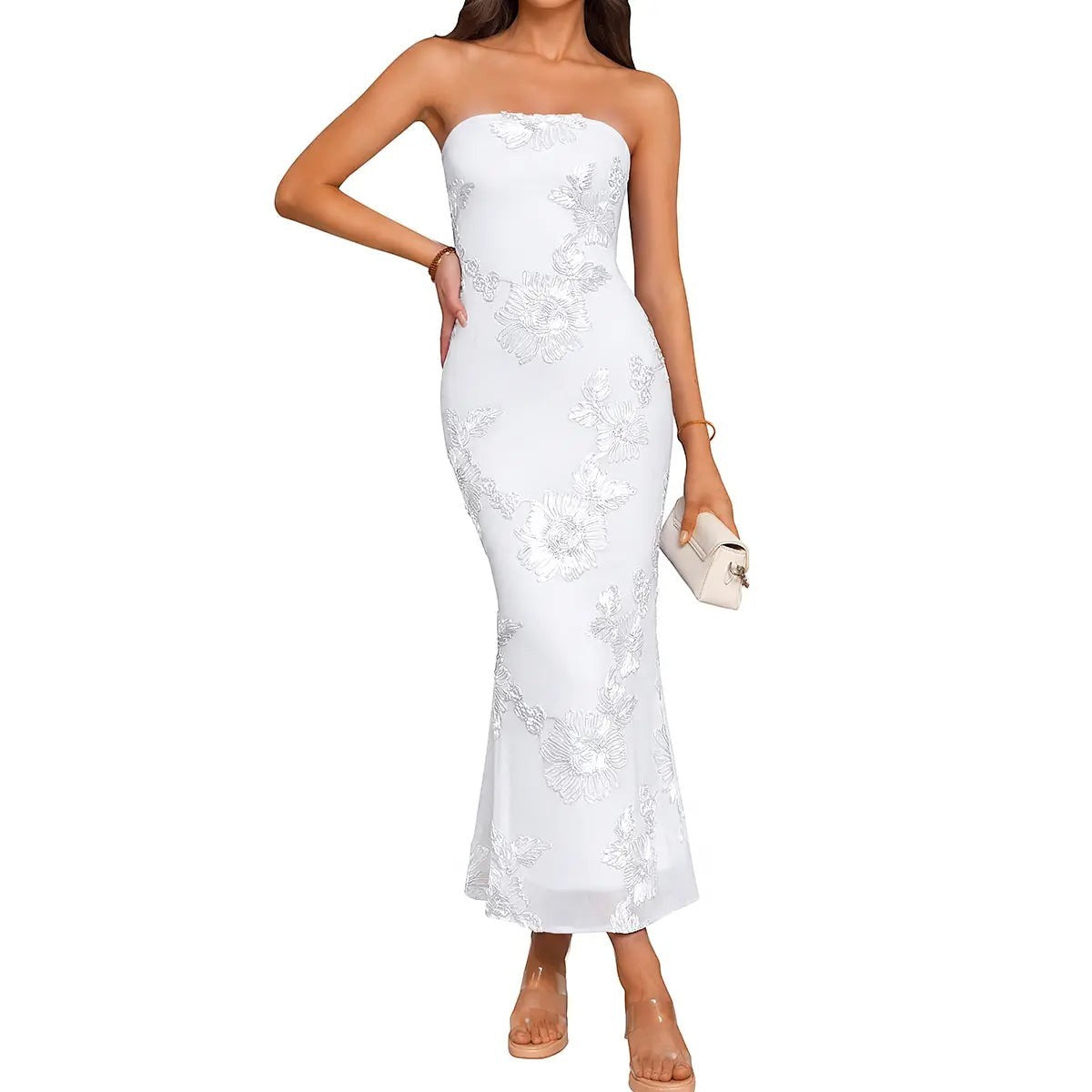 OYS Women'S Summer Elegant Strapless Floral Bodycon Mesh Tube a Line Wedding Guest Cocktail Party Formal Dresses
