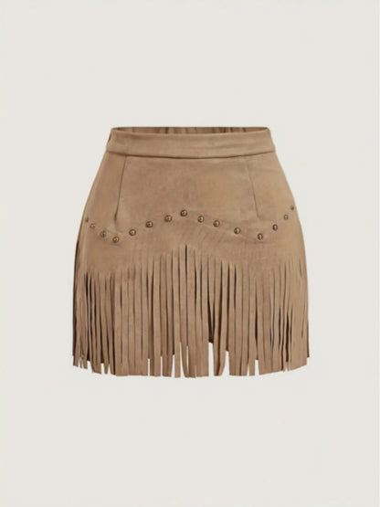 Women'S Vintage Hippie Rivet Fringe Faux Leather Short A-Line Skirt, Retro Style, Casual Wear, Perfect for All Seasons
