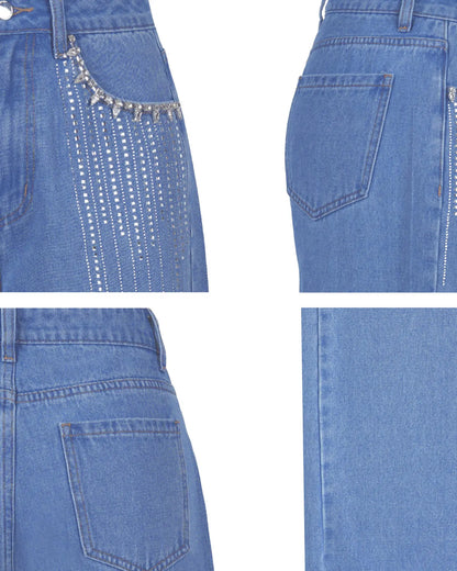 Flvsun Women'S High Waisted Washed Denim Pants - Lady Clothes, Loose Wide Leg, Rhinestone Bedazzled 2000S Streetwear Jeans, Casual Vintage Cold Wash Bottoms