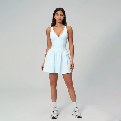 NVWA Women'S Summervibes Sexy V-Neck Strappy Sleeveless Athletic Cut Dress - Fitted Waist, Open-Back, Soft Stretch Nylon Fabric, Cooling Quick-Drying, Figure-Flattering for Casual Wear, Workouts, Dresses