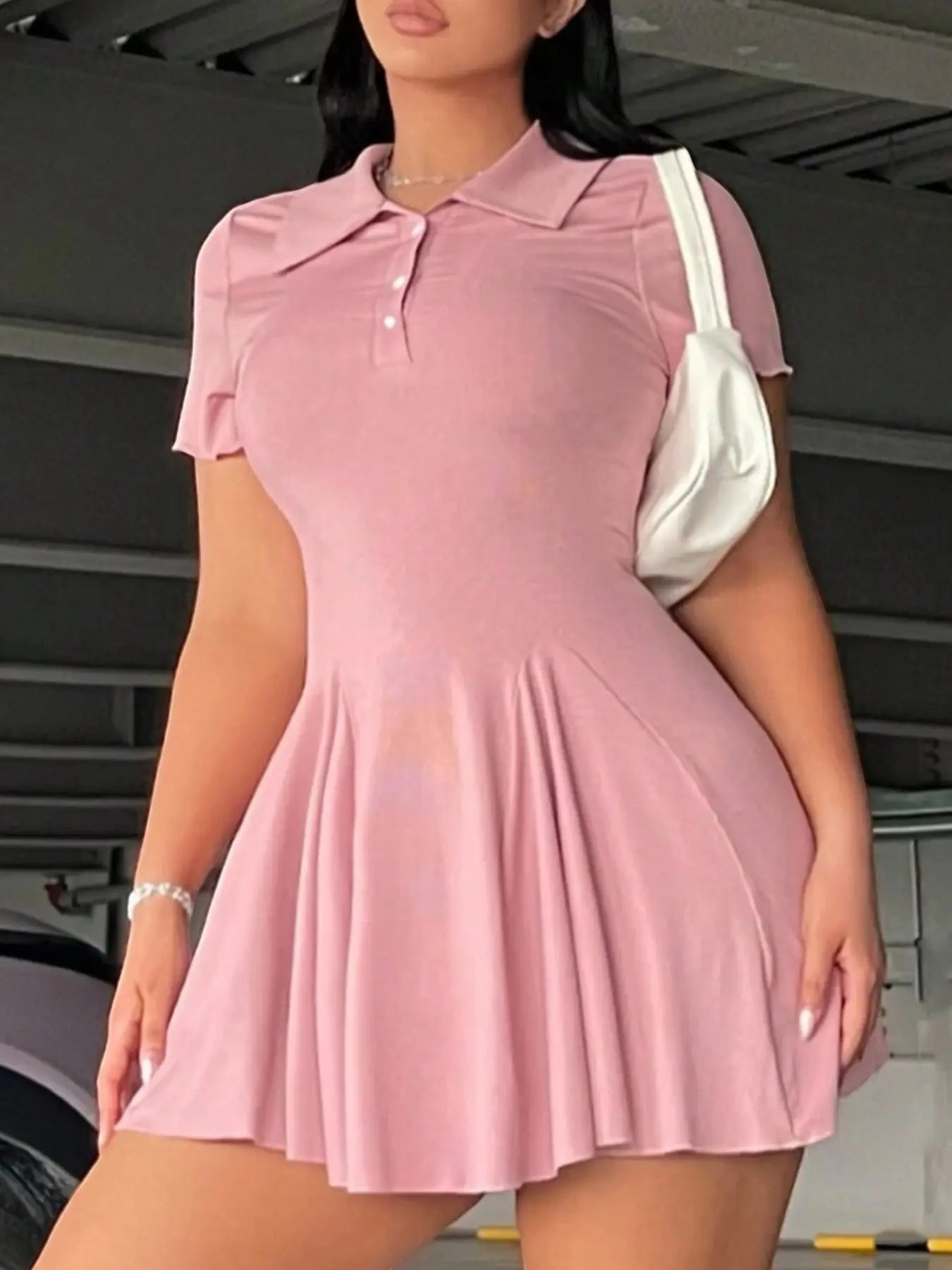 Plus-Size Casual Active Style Polo Collar Short Sleeve Flared Dress, Sporty Chic Dress, Athletic Tennis Dress, Stretchy Fabric & Button Front Detail, Perfect for Tennis, Golf & Daily Wear, Tennis Sports Dress