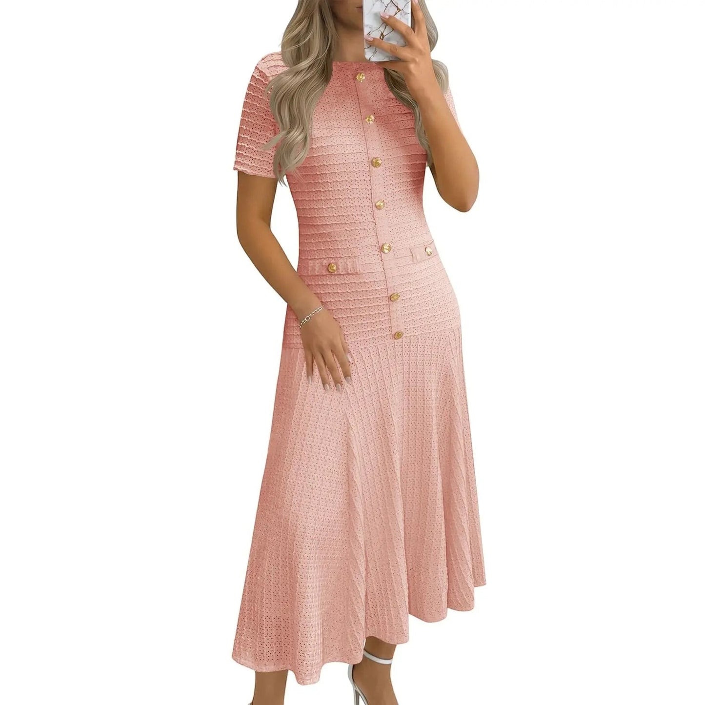 Wenrine Womens Midi Dress Summer Casual Short Sleeve Crewneck Button Decor. Textured Slim Fit a Line Dresses
