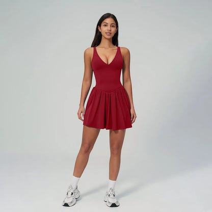 NVWA Women'S Summervibes Sexy V-Neck Strappy Sleeveless Athletic Cut Dress - Fitted Waist, Open-Back, Soft Stretch Nylon Fabric, Cooling Quick-Drying, Figure-Flattering for Casual Wear, Workouts, Dresses