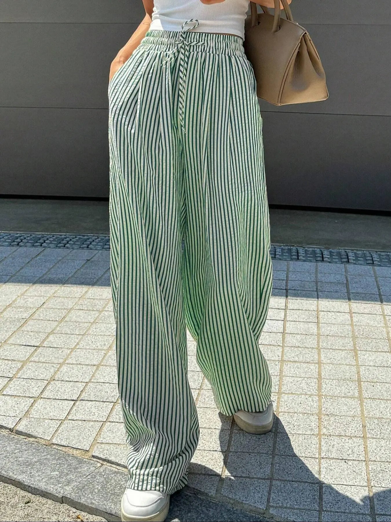 Women'S Striped Print Drawstring Waist Wide-Leg Pants, Womenswear Casual Pocket Woven Fabric Trousers for Summer, Women'S Bottoms for Daily Wear