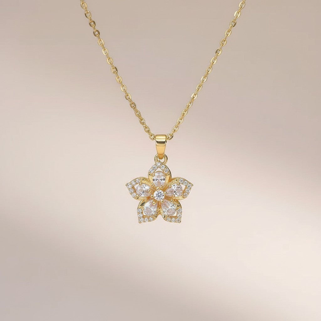 Rosavina Damen Halskette mit Blumenanhänger aus Zirkonia in Goldfarbe, hochwertig, für Party-Schmuck