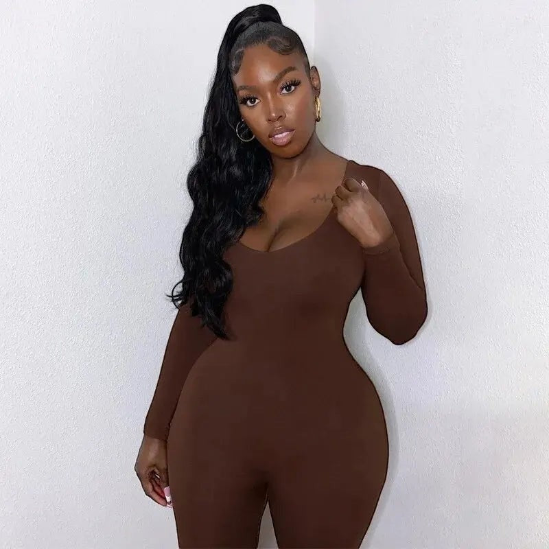 Rosavina Damen-Jumpsuit aus braunem Stoff mit langen Ärmeln und V-Ausschnitt, figurbetont für Streetwear