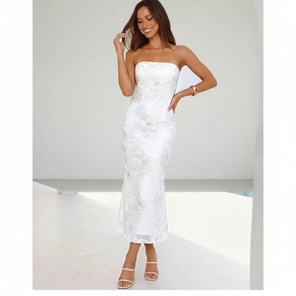 Rosavina Damenkleid Cherie, weißes, trägerloses Kleid mit Blumenmuster, Bodycon Mesh Tube, A-Linie, elegant für Anlässe