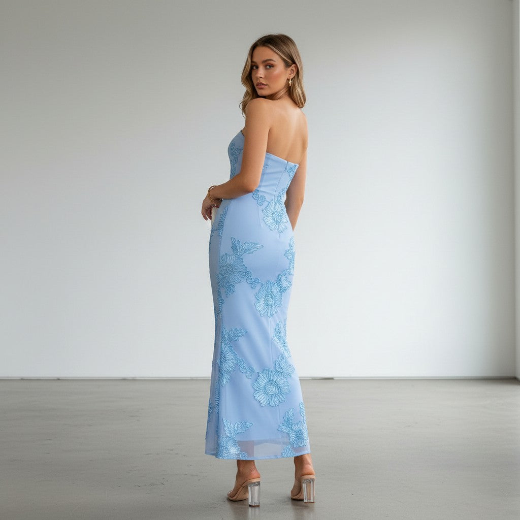 Rosavina Damenkleid lang, trägerlos, hellblau mit floralem Muster, figurbetont, für besondere Anlässe