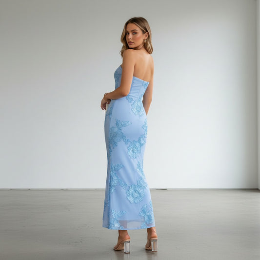 Rosavina Damenkleid lang, trägerlos, hellblau mit floralem Muster, figurbetont, für besondere Anlässe