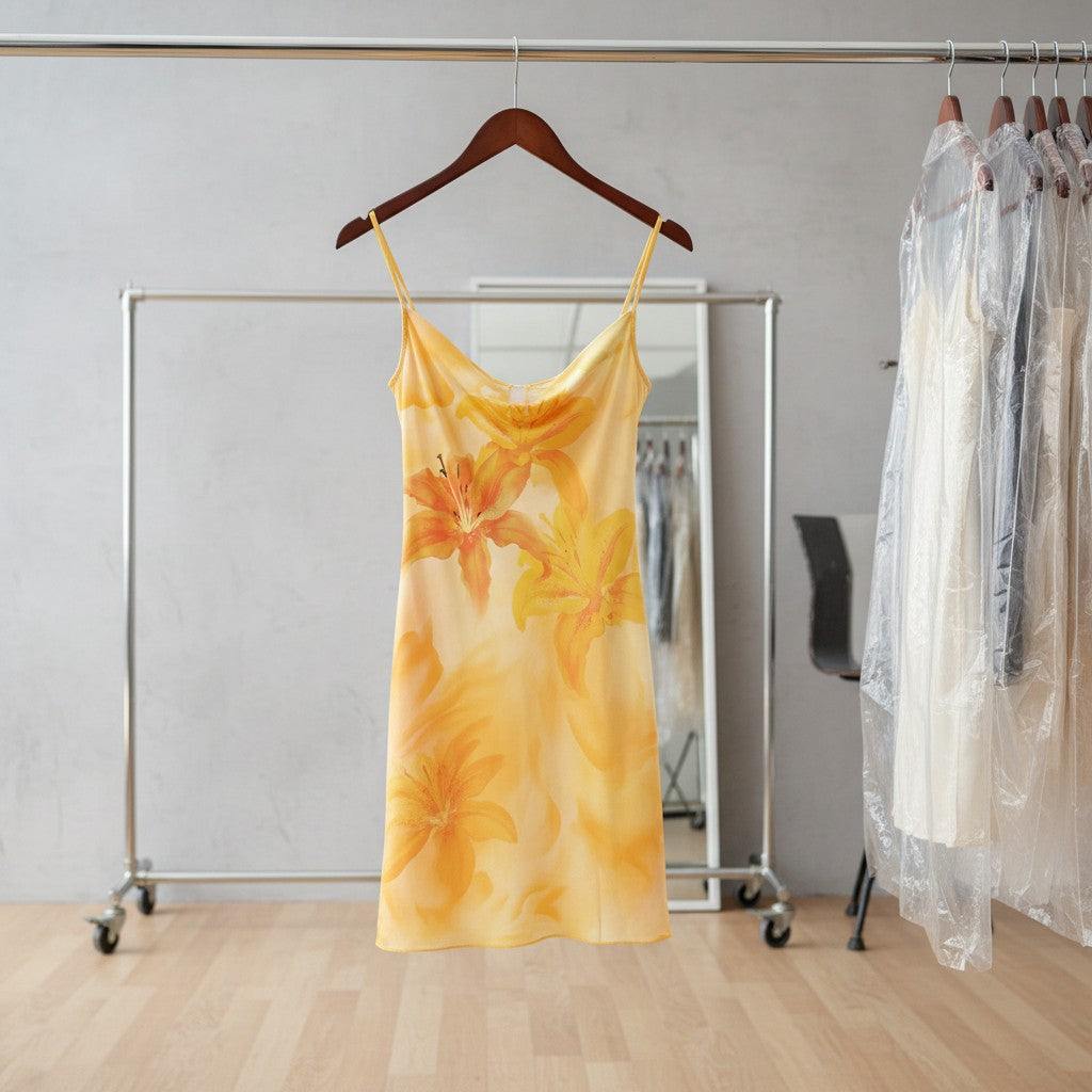Rosavina kurzes Blumenkleid mit Spaghettiträgern und Raffung in Gelb und Orange. Leicht und fließend, ideal für den Sommer.
