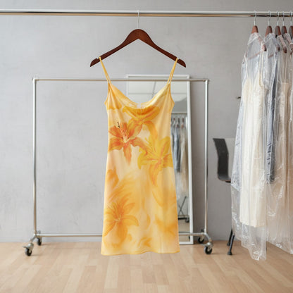 Rosavina kurzes Blumenkleid mit Spaghettiträgern und Raffung in Gelb und Orange. Leicht und fließend, ideal für den Sommer.