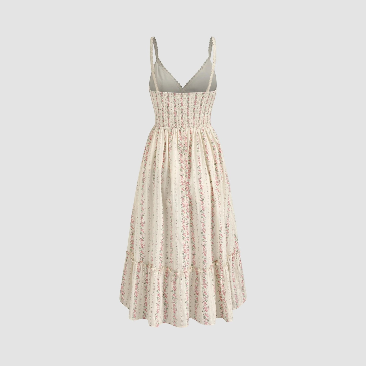 Rosavina MAYA langes Sommerkleid mit Blumenmuster, V-Ausschnitt und Rüschensaum