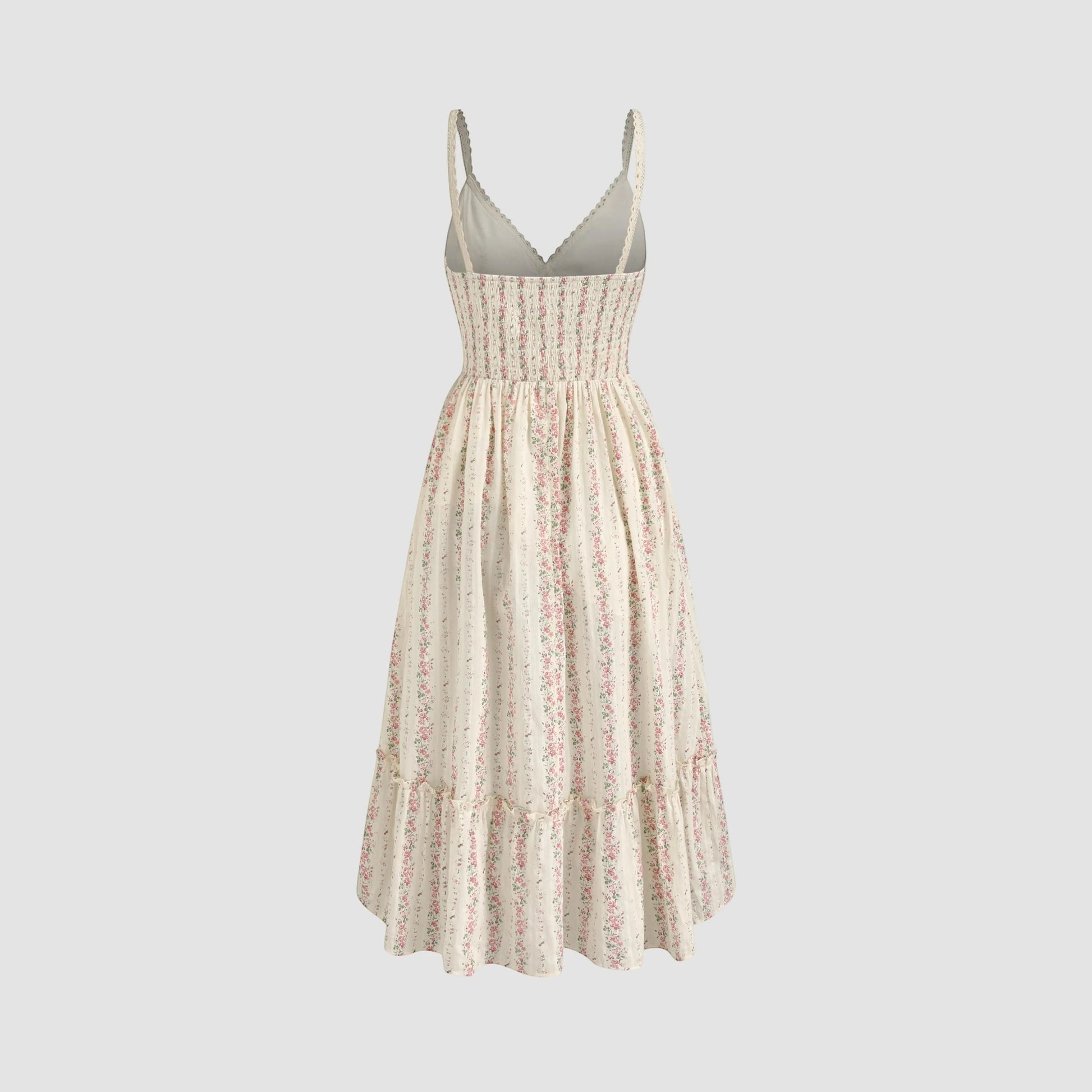 Rosavina MAYA langes Sommerkleid mit Blumenmuster, V-Ausschnitt und Rüschensaum