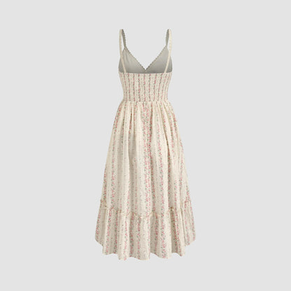 Rosavina MAYA langes Sommerkleid mit Blumenmuster, V-Ausschnitt und Rüschensaum