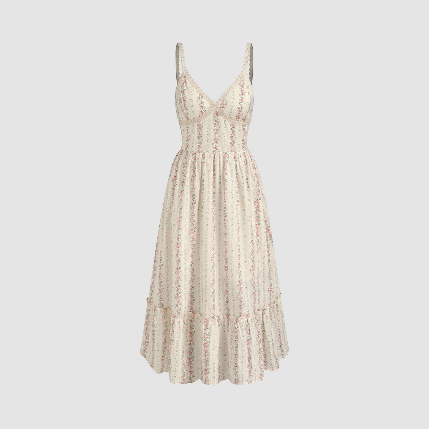 Rosavina MAYA langes Sommerkleid mit Blumenmuster, V-Ausschnitt und Rüschensaum