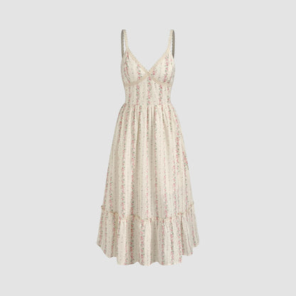 Rosavina MAYA langes Sommerkleid mit Blumenmuster, V-Ausschnitt und Rüschensaum