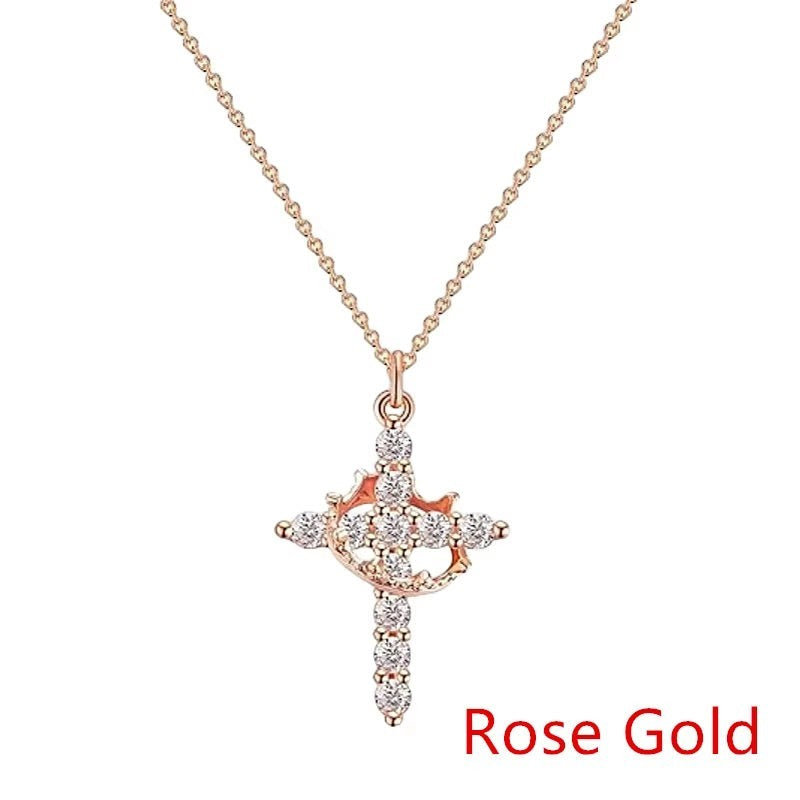 Rosavina rosé goldfarbene Halskette mit Kreuzanhänger, besetzt mit funkelnden Zirkonia-Steinen, minimalistischer Schmuck für Frauen.