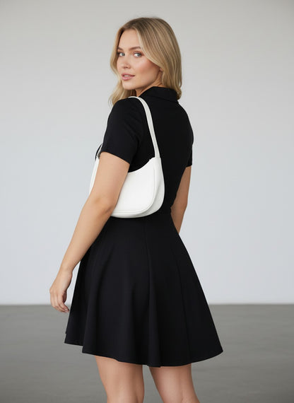 Rosavina schwarzes Polokleid mit ausgestelltem Rock, kurze Ärmel, ideal für Tennis und Freizeit