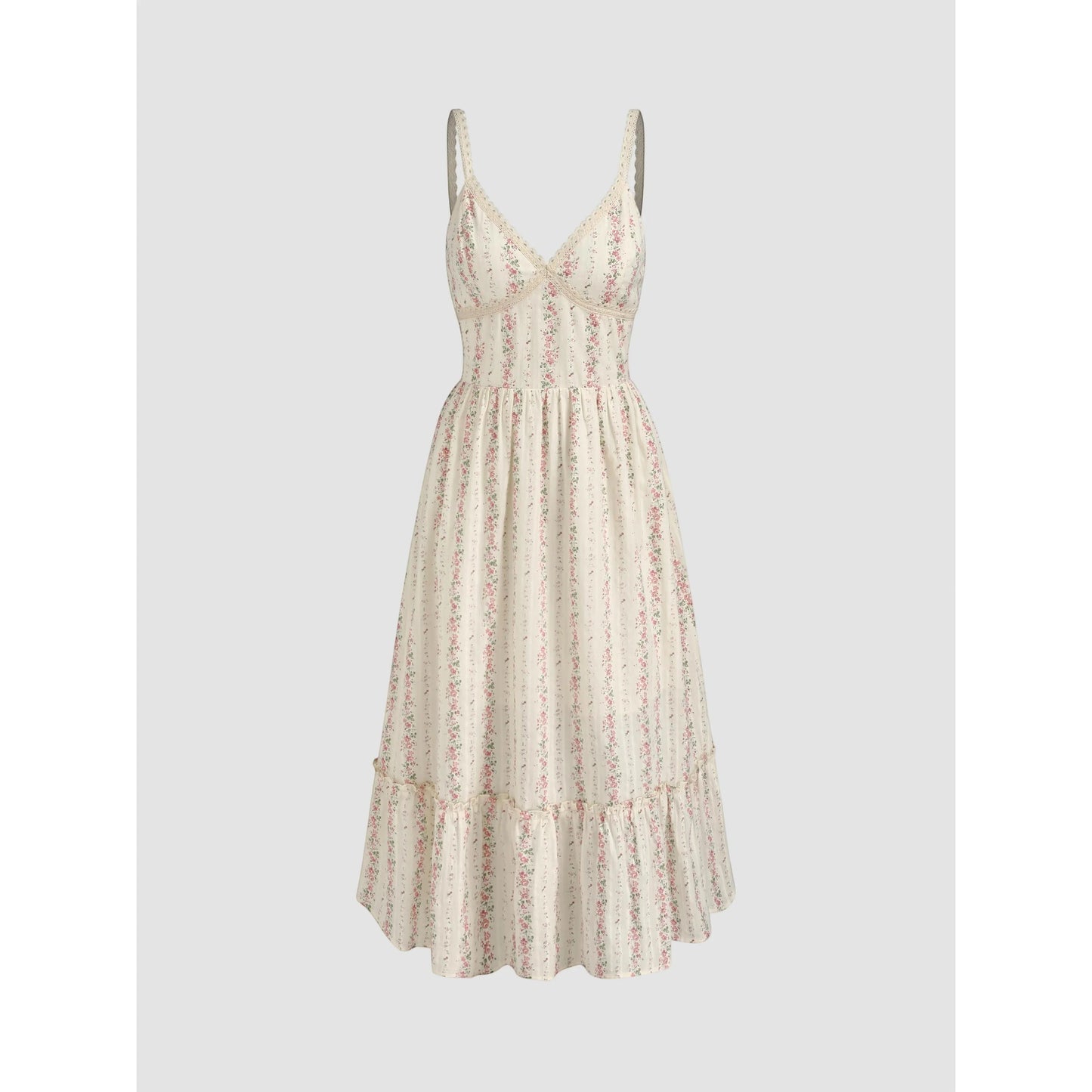 Rosavina MAYA langes Sommerkleid mit Blumenmuster, V-Ausschnitt und Rüschensaum
