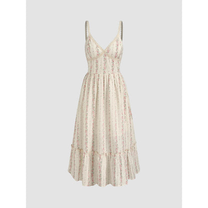 Rosavina MAYA langes Sommerkleid mit Blumenmuster, V-Ausschnitt und Rüschensaum