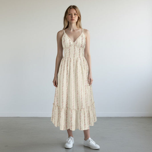 Rosavina MAYA langes Sommerkleid mit Blumenmuster, V-Ausschnitt und Rüschensaum