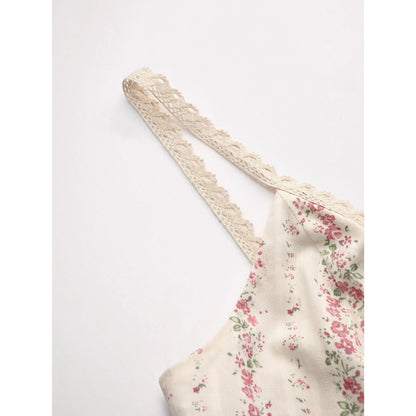 Rosavina MAYA Kleid: Cremefarbenes Sommerkleid mit Blumenmuster, V-Ausschnitt und Spitzendetails