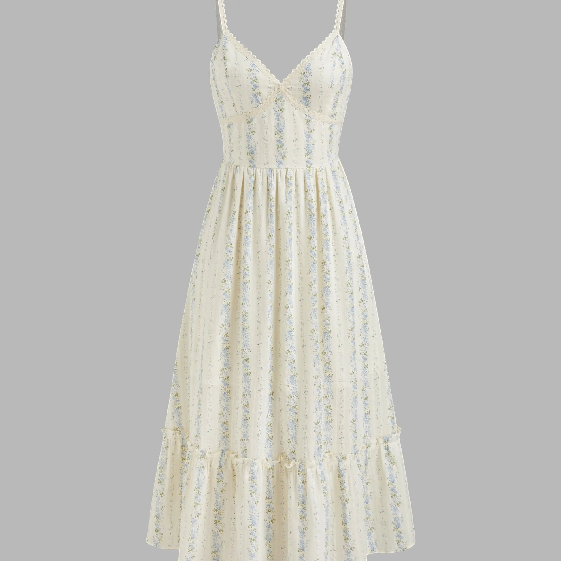 Rosavina MAYA langes Sommerkleid mit Blumenmuster, V-Ausschnitt und Spaghettiträgern, cremefarben mit blauen Streifen