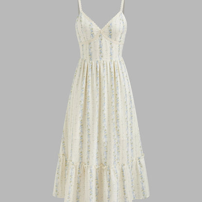 Rosavina MAYA langes Sommerkleid mit Blumenmuster, V-Ausschnitt und Spaghettiträgern, cremefarben mit blauen Streifen