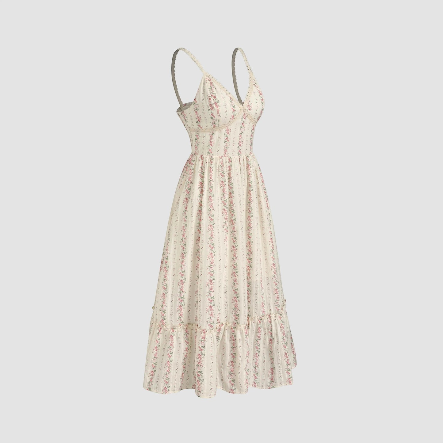 Rosavina MAYA langes Sommerkleid mit Blumenmuster, V-Ausschnitt und Spaghettiträgern, cremefarben mit rosa Blumen und Streifen.
