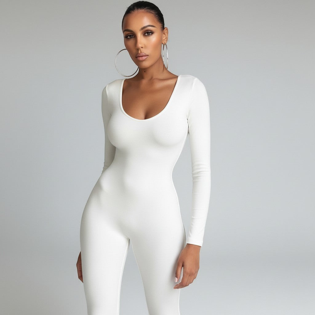 Rosavina weißer Bodycon-Jumpsuit mit langen Ärmeln und Rundhalsausschnitt, figurbetont, für Damen