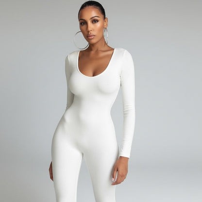 Rosavina weißer Bodycon-Jumpsuit mit langen Ärmeln und Rundhalsausschnitt, figurbetont, für Damen