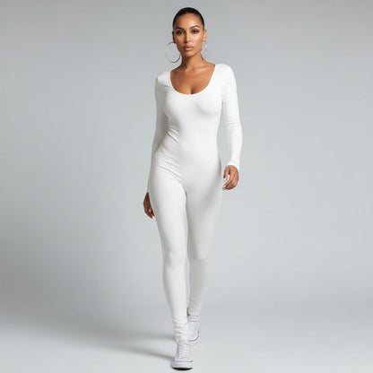 Rosavina weißer, figurbetonter Jumpsuit mit langen Ärmeln und Rundhalsausschnitt, Streetwear-Stil
